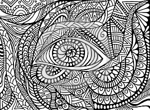 Shamanic Eye psychedelic trippy Coloring page for adult with bizarre ornaments fantastic background