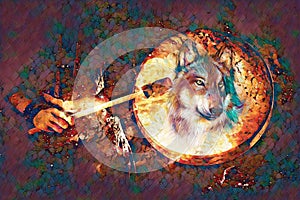 Shamanic girl with frame drum on abstract structured space background