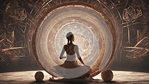 Shamanic girl with frame drum on abstract structured space background