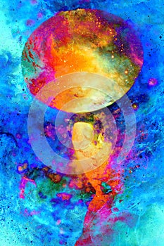 shamanic girl with frame drum on abstract structured space background. Fire element.