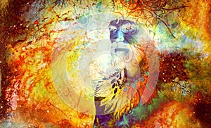 Shamanic man with on abstract structured space background.