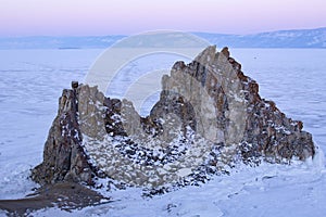 Shamanka. Olkhon island on winter Baikal lake at sunrise - Baikal, Siberia, Russia