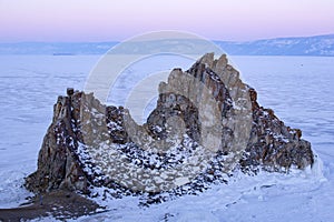 Shamanka. Olkhon island on winter Baikal lake at sunrise - Baikal, Siberia, Russia
