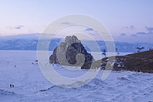 Shamanka. Olkhon island on winter Baikal lake at sunset - Baikal, Siberia, Russia