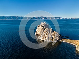 Shamanka Rock. Lake Baikal at Olkhon Island. the village of Khuzhir