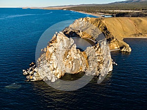 Shamanka Rock. Lake Baikal at Olkhon Island. the village of Khuzhir