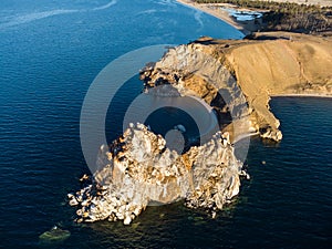 Shamanka Rock. Lake Baikal at Olkhon Island. the village of Khuzhir