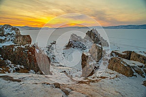 Shamanka rock at sunset,Lake Baikal, Siberia, Russia.