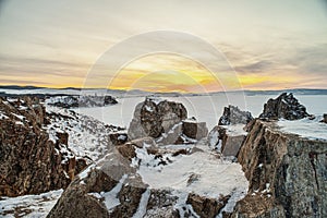 Shamanka rock at sunset,Lake Baikal, Siberia, Russia.