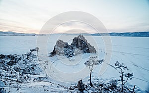 Shamanka rock at sunset,Lake Baikal, Siberia, Russia.