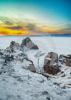 Shamanka rock at sunset,Lake Baikal, Siberia, Russia.