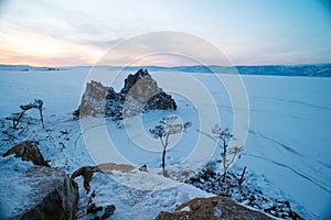 Shamanka rock at sunset,Lake Baikal, Siberia, Russia.