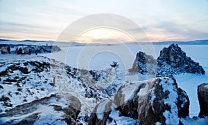 Shamanka rock at sunset,Lake Baikal, Siberia, Russia.