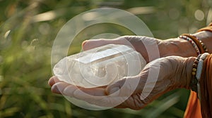 A shamans hand cradles a piece of selenite its smooth white surface reflecting the light. The crystal seems to be