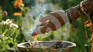 A shamans hand reaches for a bowl of burning herbs releasing a calming and grounding aroma into the air