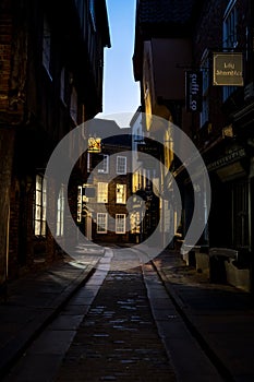 The Shambles, historic street of butcher shops dating back to medieval times. Now one of York`s main tourist attractions.