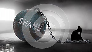 Shame - a metaphorical view of a woman struggle with shame. Trapped alone and chained to a burden of Shame. Constant and