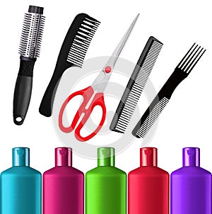 Shampoo bottles, red scissors and combs isolated on white