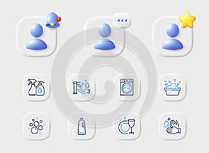 Shampoo, Clean bubbles and Cleaning liquids line icons. For web app, printing. Vector