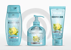 Shampoo packaging, cream tube, soap bottle with water drops template design.