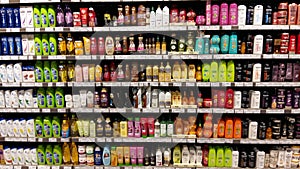 Shampoo shelves in supermarket
