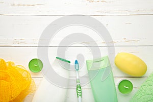 Shampoo, soap, aroma candles and other toiletry. Spring composition with copy space