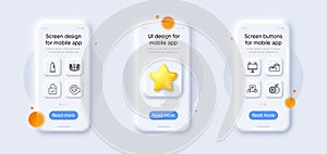Shampoo, Update time and Laureate award line icons pack. For web app. 3d phone mockups. Vector