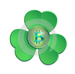 Shamrock and Bitcoin coin, Saint Patricks Day, isolated on white background