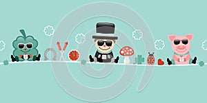 Shamrock Chimney Sweep And Pig With Sunglasses Icons New Years Eve Turquoise