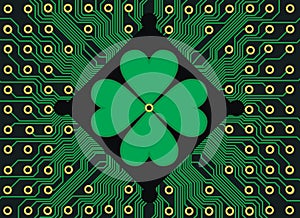 shamrock clover elements computer holiday four-leaf hi-tech clover with circuit board. St. Patrick\'s day symbol. Vector