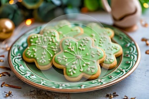 Shamrock cookies on plate with green frosting. Generative AI