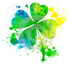 Shamrock four-leaf lucky clover, symbol of Ireland, in colorful watercolor splash over white background, generative AI