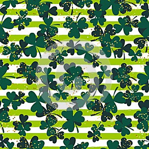 Shamrock green striped trefoil leaf seamless vector pattern.