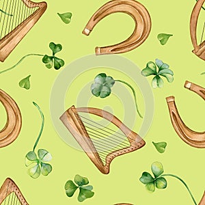 Shamrock and harp watercolor seamless pattern isolated on green background. Green clover hand drawn. Painted lucky