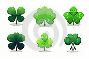 Shamrock Icon Set, Trefoil Isolated, St. Patrick Day Symbol, Luck Plant, Fortune Shamrock on White