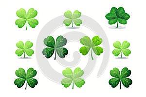 Shamrock Icon Set, Trefoil Isolated, St. Patrick Day Symbol, Luck Plant, Fortune Shamrock on White