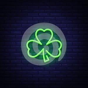Shamrock is a neon sign. Neon icon, light symbol, web banner for your projects. Vector illustration