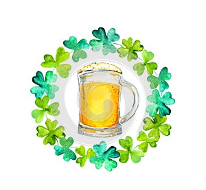 Shamrock wreath with beer pint watercolor raster illustration