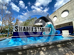 The Shamu Stadium sign outside of the ampitheater at SeaWorld Orlando, Florida
