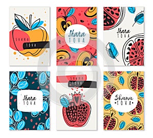 Shana tova. Blessing happy and sweet new year Rosh Hashanah postcards with jewish holiday symbols pomegranate, honey