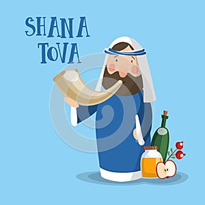 Shana Tova greeting card, invitation for Jewish New Year holiday Rosh Hashanah. Cartoon of a rabbi blowing a shofar horn