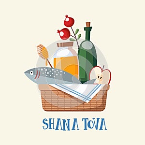 Shana Tova greeting card, invitation with Jewish New Year Rosh Hashana. Bsket with honey, fish and fruit. Vector
