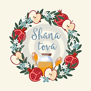 Shana Tova greeting card, invitation for Jewish New Year Rosh Hashanah. Floral wreath made of pomegranate and apple