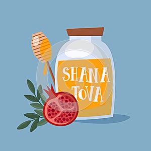 Shana Tova greeting card, invitation for Jewish New Year Rosh Hashanah. Mason jar with honey, and pomegranate fruit