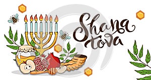 Shana Tova, Rosh Hashanah greeting card. Jewish Happy New Year symbols Honey, Apple and Pomegranate on a border frame.