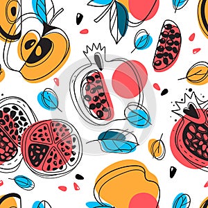 Shana tova seamless pattern. Jewish New Year happy Rosh Hashanah, repeating drawing pomegranate, apples, leaves holidays