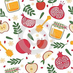 Shana tova seamless pattern. Jewish new year rosh hashanah, repeating tile. Holiday symbols pomegranate, apples and honey jar