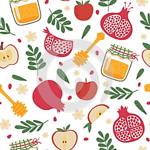 Shana tova seamless pattern. Jewish new year rosh hashanah, repeating tile. Holiday symbols pomegranate, apples and