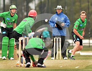 Shane Warne spin bowls opposition batsman when playing locally for the Melbourne Allstars