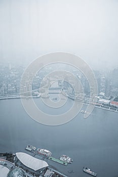 Shanghai Bund Foggy Morning Chinese City Port River Ships Quiet Grey Cloudy Waking up City